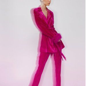 NASTY GAL Velvet Feather Cuff Tie Waist Blazer & Flare Pants